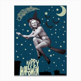 Happy Halloween Poster With Pinup Witch Riding A Broom On The Moon And Stars Canvas Print