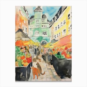 Food Market With Cats In Vienna 3 Watercolour Canvas Print