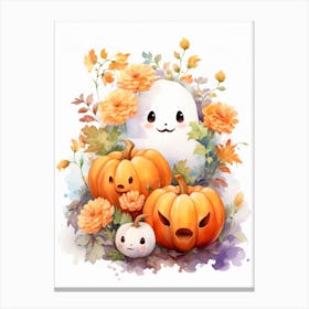 Cute Ghost With Pumpkins Halloween Watercolour 83 Canvas Print