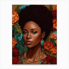 Afro-American Woman With Flowers Boho Canvas Print