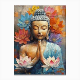 Buddha Surrounded By Colorful Lotus Flowe Canvas Print