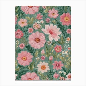 Pink Flowers On A Green Background Canvas Print