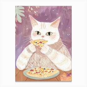 White Cat Pizza Lover Folk Illustration 1 Canvas Print