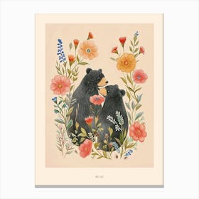 Folksy Floral Animal Drawing Bear 2 Poster Canvas Print