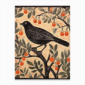 Vintage Bird Linocut Blackbird 2 Canvas Print