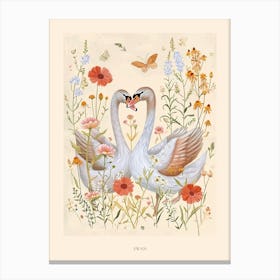 Folksy Floral Animal Drawing Swan Poster Canvas Print