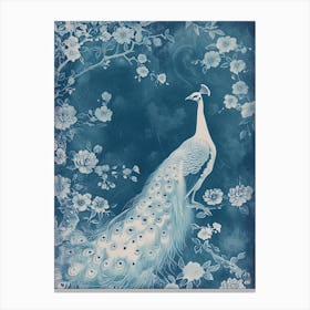 Vintage Cyanotype Inspired Peacock With Blossom 4 Canvas Print