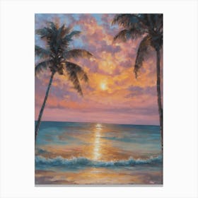 Pastel Sunrise Over Key West Florida - Ocean Coastal Oil Painting Dreamscape With Palm Trees Canvas Print