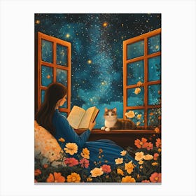 Girl Reading Book with Her Cat 12 Canvas Print