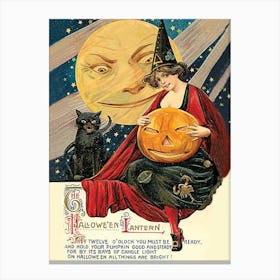 The Halloween Lantern, Witch With Pumpkin And A Poem On A Full Moon Canvas Print