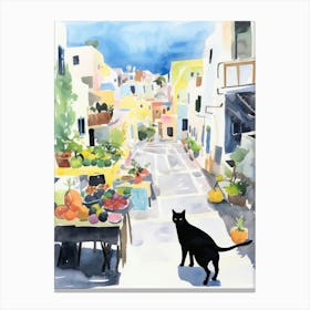 Food Market With Cats In Santorini 3 Watercolour Canvas Print