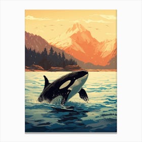 Modern Orca Whale Drawing Diving Out Of Water With Mountains Canvas Print