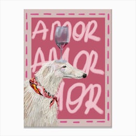 Fluffy dog with a glass of red wine on his head wearing a colorful scarf and a pink background with amor Canvas Print