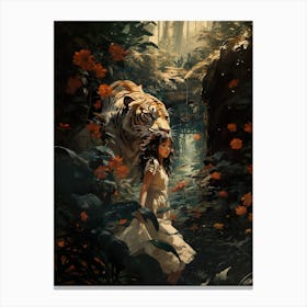 Jungle Girl with Wild Tiger Canvas Print