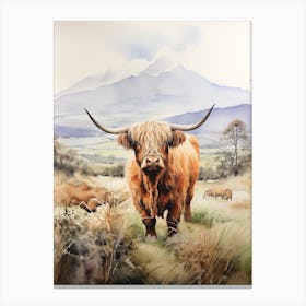 Highland Cow With Herd In The Distance Canvas Print