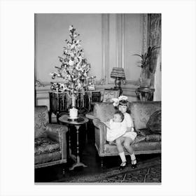 Vintage Christmas Decor, Tiny Christmas Tree, Black and White Old Photo Canvas Print