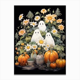 Cute Bedsheet Ghost, Botanical Halloween Watercolour 4 Canvas Print