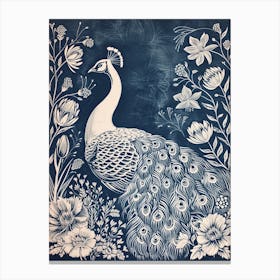 Peacock Folk Floral Linocut Inspired 3 Canvas Print