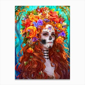 Illustration Of A Girl Floral Skeleton Wreath Entwined With Cascading Curls Vibrant Flower Species Canvas Print