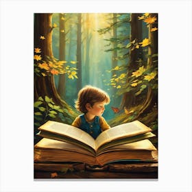 Little Boy Reading A Book Canvas Print