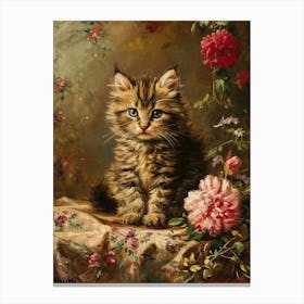 Kitten With Pink Flowers Rococo Inspired 3 Canvas Print