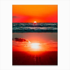 Orange Sunset On Ocean And City Canvas Print