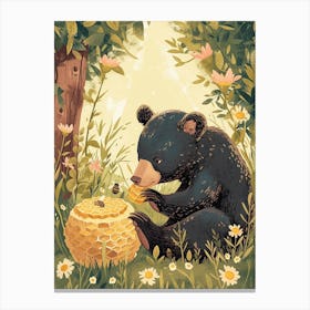 American Black Bear Cub Playing With A Beehive Storybook Illustration 2 Canvas Print