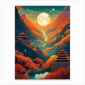 Iconic Great Wall of China ~ Great Asian Landscape Painting Trippy Abstract Cityscape Iconic Wall Decor Visionary Psychedelic Fractals Fantasy Art Cool Full Moon Third Eye Space Sci-fi Awesome Futuristic Ancient Paintings For Your Home Gift For Him Canvas Print