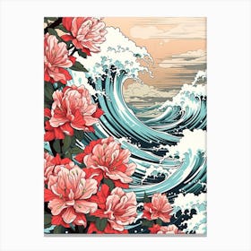 Great Wave With Rhododendron Flower Drawing In The Style Of Ukiyo E 4 Canvas Print