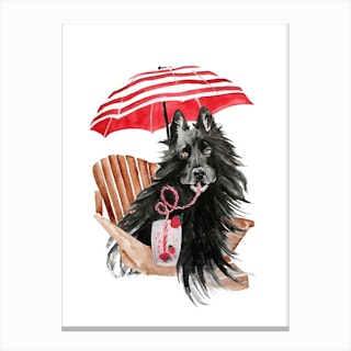 Dog On Vacation Black & Red Canvas Print
