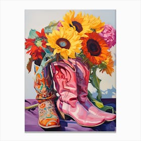 Oil Painting Of Sunflower Flowers And Cowboy Boots, Oil Style 3 Canvas Print