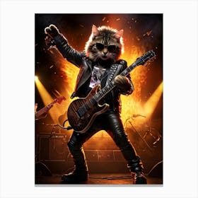 Tabby Cat Poses As A Rockstar Electric Guitar In Paw Onstage With Spotlight Fans As Silhouettes Canvas Print