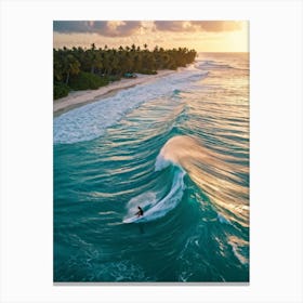 Capture An Aerial Perspective Of A Daring Surfer Confidently Riding The Islands Largest Wave On A S (1) Canvas Print