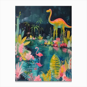 Dinosaur With The Flamingos Painting 1 Canvas Print