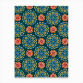 MOSAIQUE Bohemian Floral Mandala Tiles in Exotic Blue Green Red on Dark Teal Canvas Print