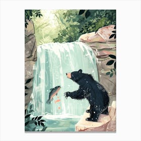 American Black Bear Catching Fish In A Waterfall Storybook Illustration 4 Canvas Print