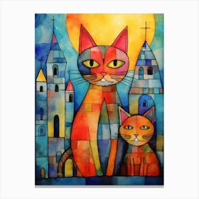 Two Patchwork Cats In Front Of Medieval Churches  Canvas Print