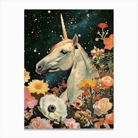 Floral Unicorn In Space Retro Collage 4 Canvas Print