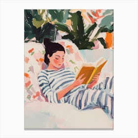 Woman Reading in Bed Gouache Painting Canvas Print