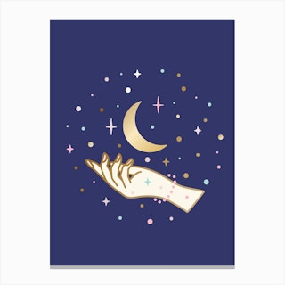 Hand Among Stars With Moon Canvas Print
