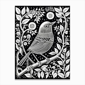 B&W Bird Linocut European Robin 2 Canvas Print