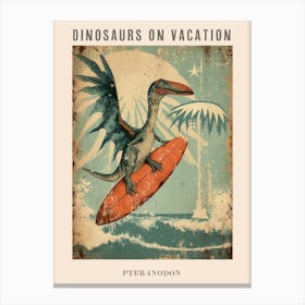 Vintage Pteranodon Dinosaur On A Surf Board Poster Canvas Print
