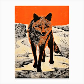 Arctic Fox, Woodblock Animal Drawing 3 Canvas Print