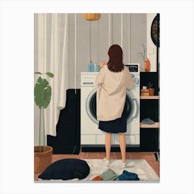 Girl Standing In Front Of Washing Machine Canvas Print