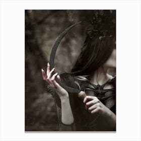 Witch With Sickle Under The Full Moon in the Woods - Vintage Style Photography Woods Witch - Moon Goddess Dark Aesthetic Gothic Witchy Gallery Wall Decor - Forest Witch, Woods Witch Morrigan Calling Hecate Worship Canvas Print