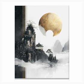 Asian Landscape with golden moon Canvas Print