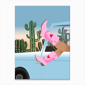Western Cowgirl Car Cactus Desert Hand Drawn Illustrated Trendy Art Canvas Print