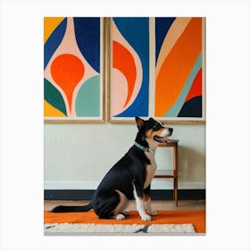 Dog In Front Of Abstract Paintings Canvas Print