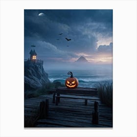 Halloween Themed Coastal Landscape During Dusk Featuring A Jack O Lantern With A Glowing Eye Perched (2) Canvas Print