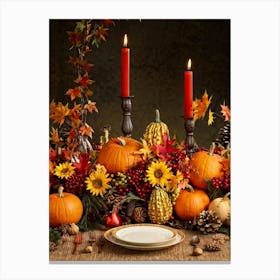 Autumn Harvest Table Centerpiece Overflowing With Gourds And Pumpkins Surrounded By Red And Gold C (3) Canvas Print